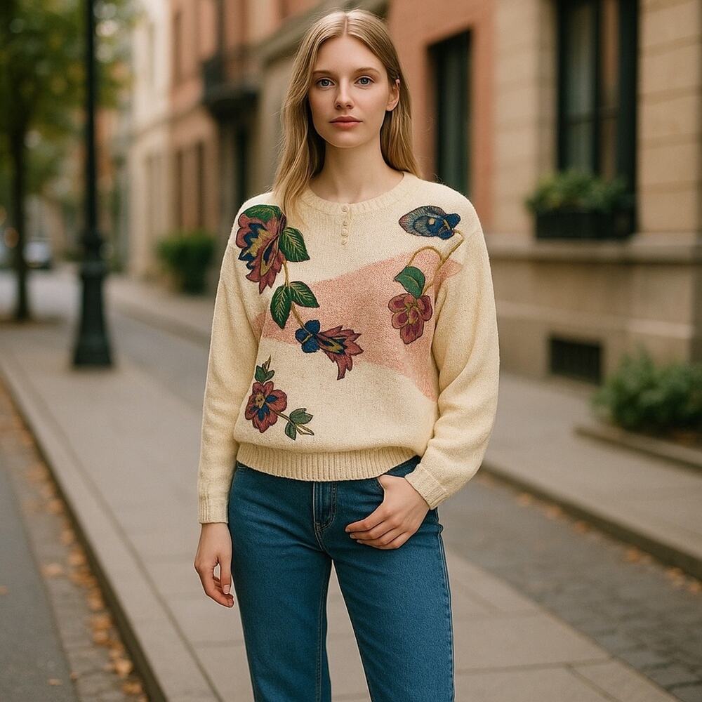 Vintage 90s Floral Embroidered Sweater L Cream Pearl Applique Cottagecore Retro - Picture 14 of 14